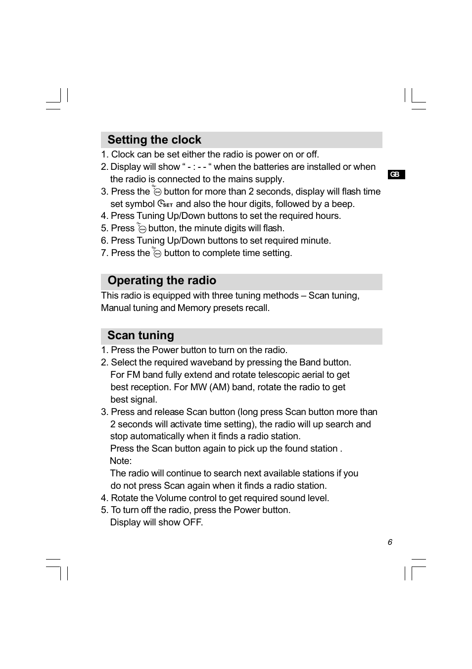 Setting the clock, Operating the radio, Scan tuning | Sangean Package PR-D4 (R1) User Manual | Page 7 / 13