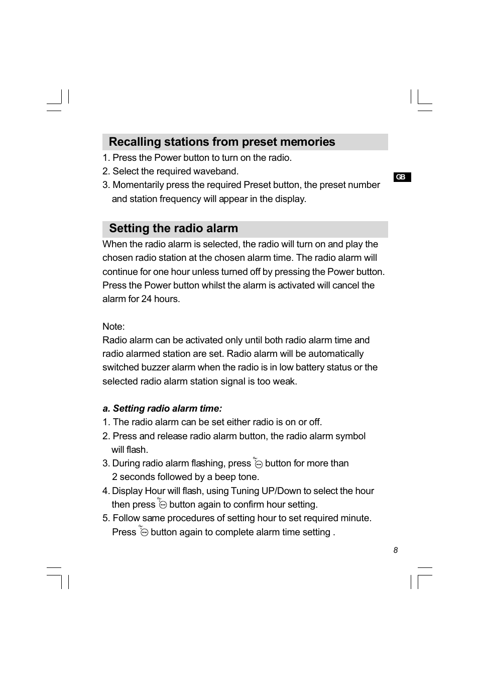 Setting the radio alarm | Sangean Package PR-D4 (R1) User Manual | Page 9 / 13