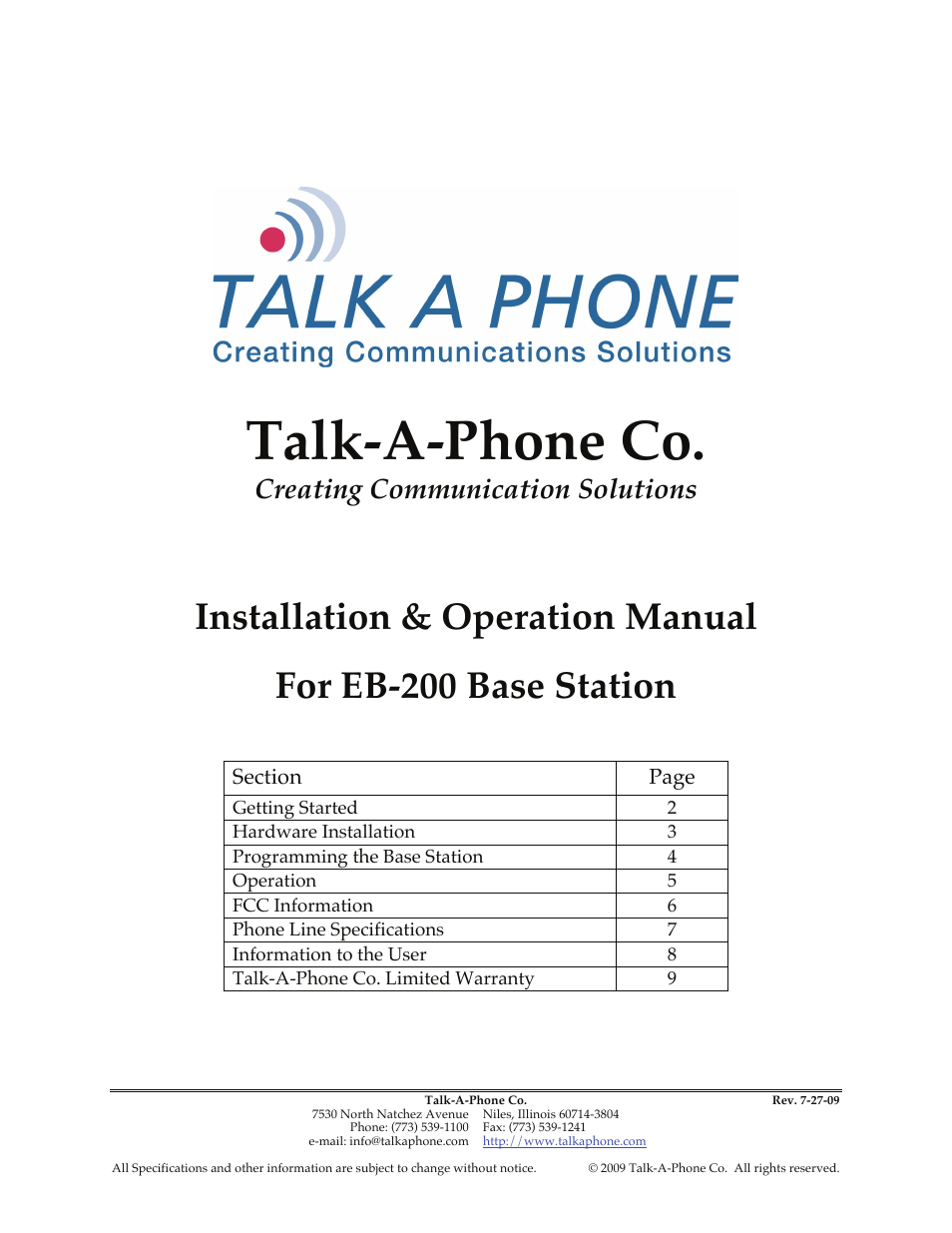 Talkaphone EB-200 Base Station User Manual | 9 pages