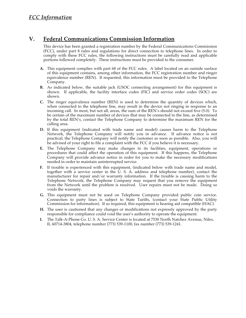 Fcc information, V. federal communications commission information | Talkaphone EB-200 Base Station User Manual | Page 6 / 9