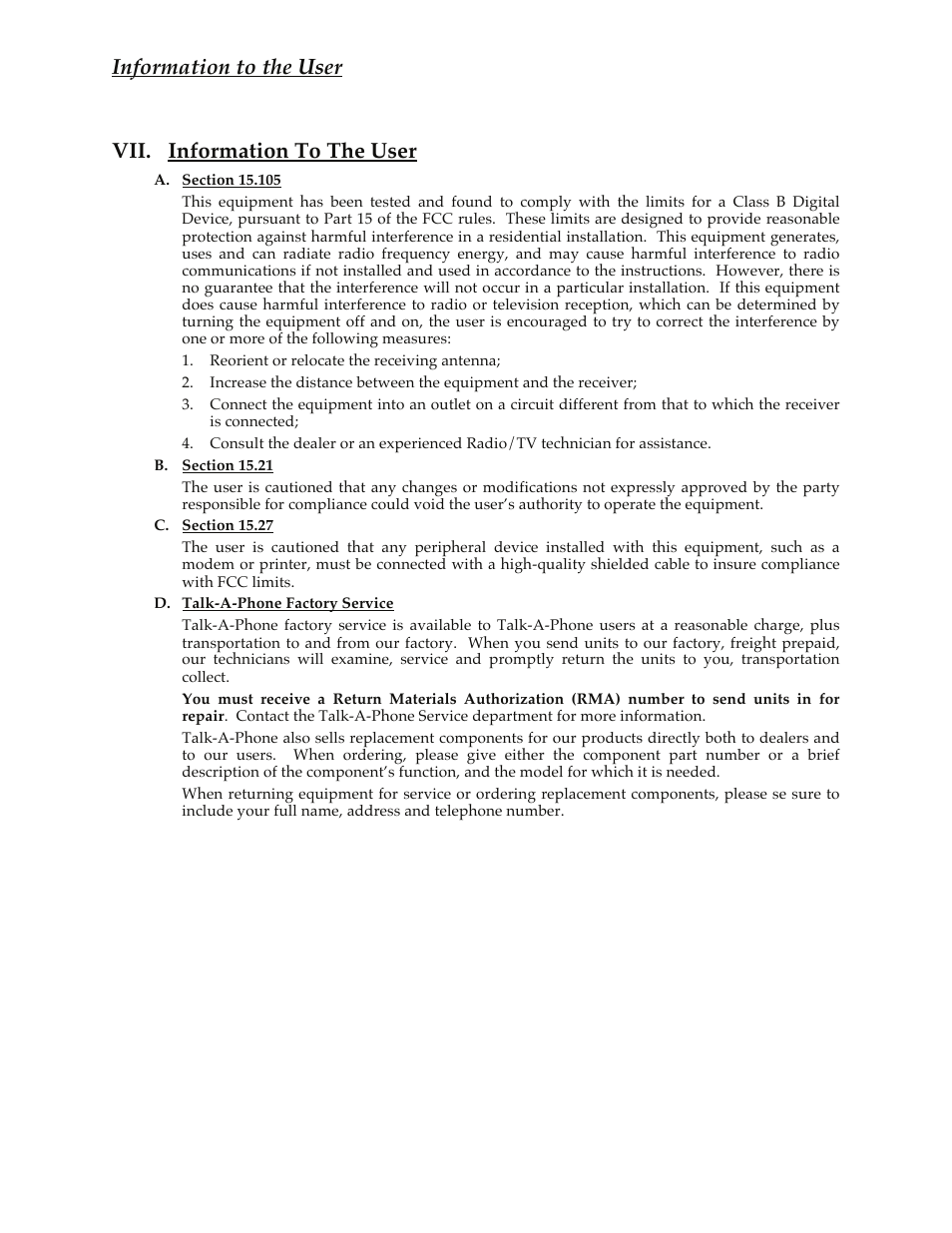 Information to the user, Vii. information to the user | Talkaphone EB-200 Base Station User Manual | Page 8 / 9