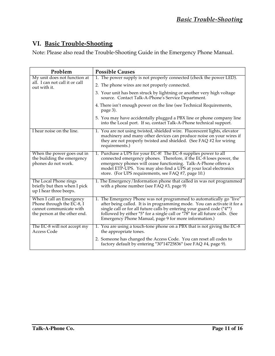 Basic trouble-shooting, Vi. basic trouble-shooting | Talkaphone EC-8 Emergency Phone Consolidator User Manual | Page 11 / 16