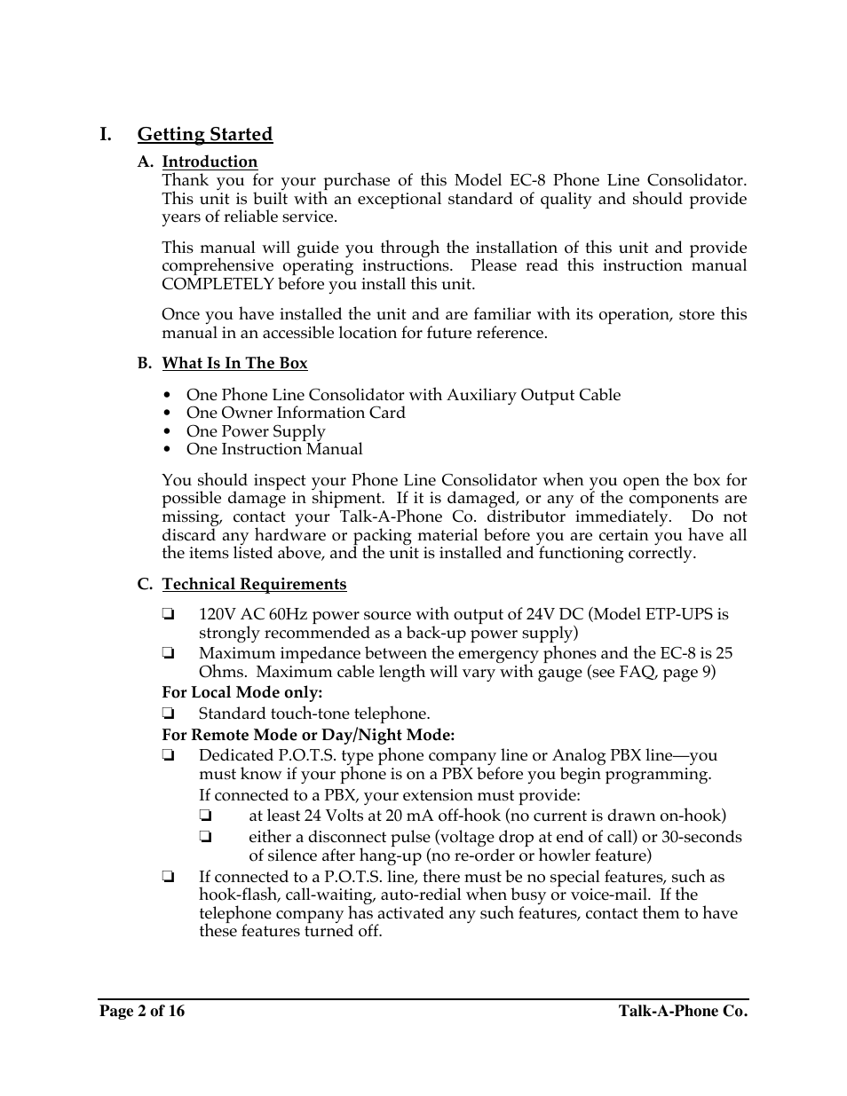 Ec-8 manual.doc [compatibility mode, Getting started | Talkaphone EC-8 Emergency Phone Consolidator User Manual | Page 2 / 16