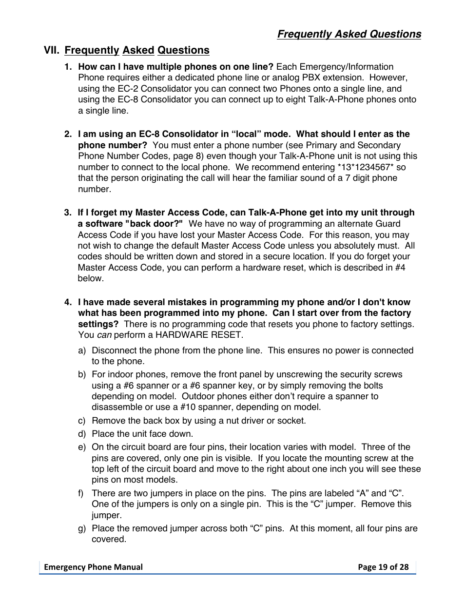 Frequently asked questions, Vii. frequently asked questions | Talkaphone ETP-402V Dual Button Emergency / Information Phone User Manual | Page 19 / 28