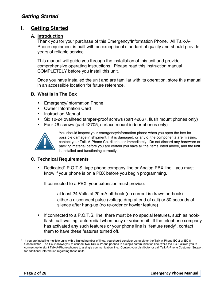 Getting started | Talkaphone ETP-402V Dual Button Emergency / Information Phone User Manual | Page 2 / 28