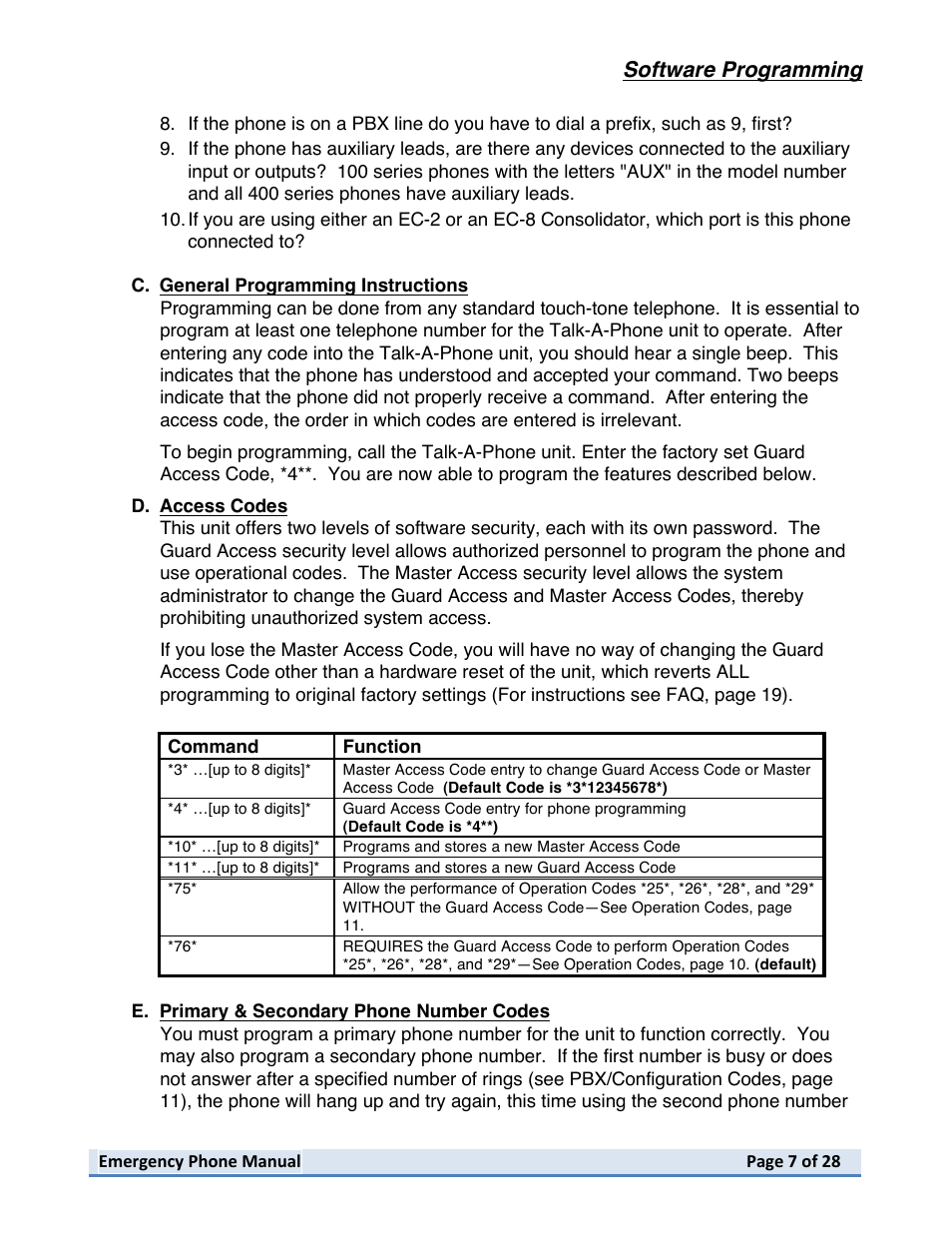 Software programming | Talkaphone ETP-402V Dual Button Emergency / Information Phone User Manual | Page 7 / 28