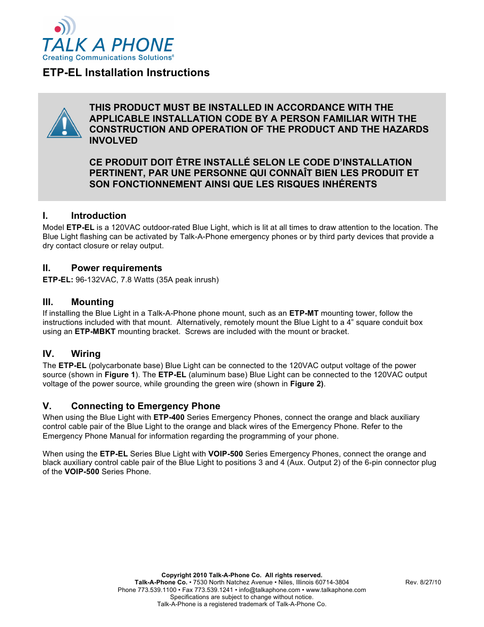 Talkaphone ETP-EL LED Blue Light (120V) User Manual | 2 pages