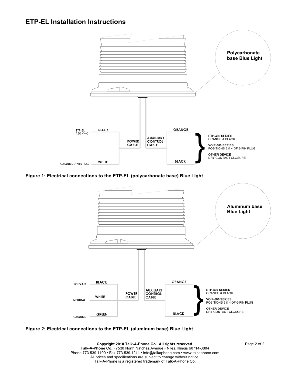 Etp-el installation instructions | Talkaphone ETP-EL LED Blue Light (120V) User Manual | Page 2 / 2