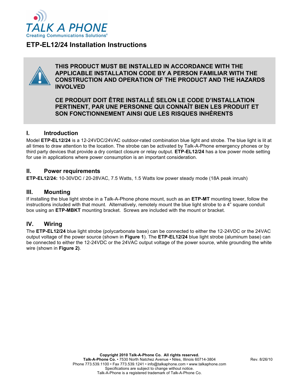 Talkaphone ETP-EL12/24 LED Blue Light (12/24V) User Manual | 3 pages