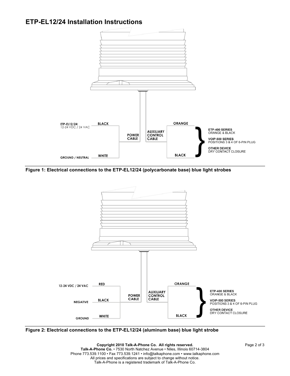 Etp-el12/24 installation instructions | Talkaphone ETP-EL12/24 LED Blue Light (12/24V) User Manual | Page 2 / 3