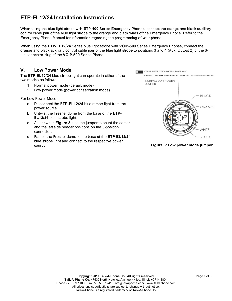 Etp-el12/24 installation instructions, V. low power mode | Talkaphone ETP-EL12/24 LED Blue Light (12/24V) User Manual | Page 3 / 3