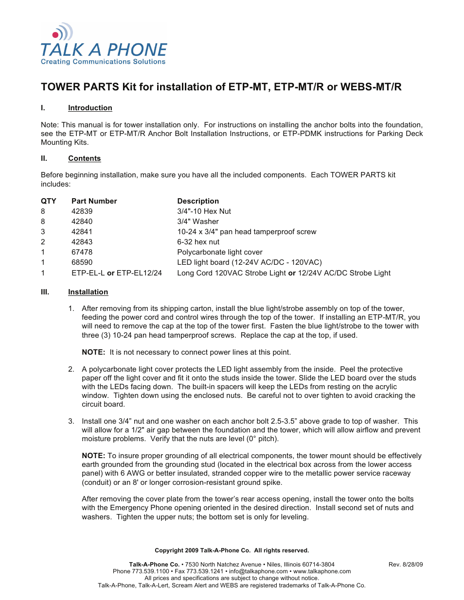 Talkaphone ETP-MT Blue Light Emergency Phone Tower User Manual | 2 pages