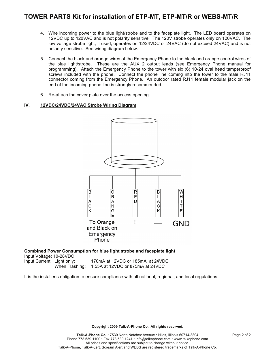 Talkaphone ETP-MT Blue Light Emergency Phone Tower User Manual | Page 2 / 2