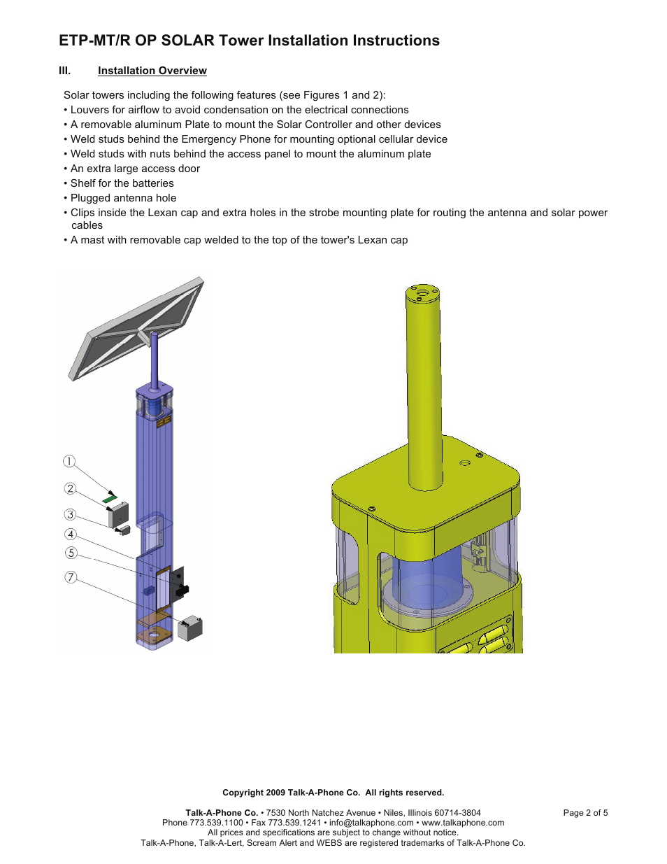 Etp-mt/r op solar tower installation instructions | Talkaphone ETP-MT/R AED Defibrillator Emergency Phone Tower User Manual | Page 2 / 5