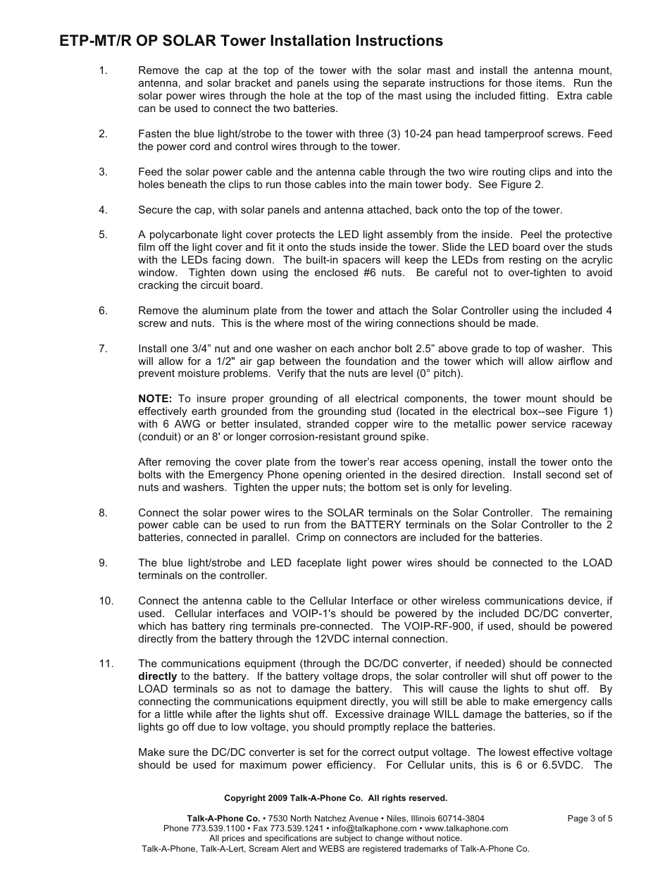 Etp-mt/r op solar tower installation instructions | Talkaphone ETP-MT/R AED Defibrillator Emergency Phone Tower User Manual | Page 3 / 5