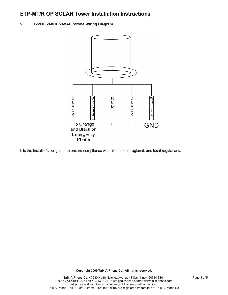 Etp-mt/r op solar tower installation instructions | Talkaphone ETP-MT/R AED Defibrillator Emergency Phone Tower User Manual | Page 5 / 5