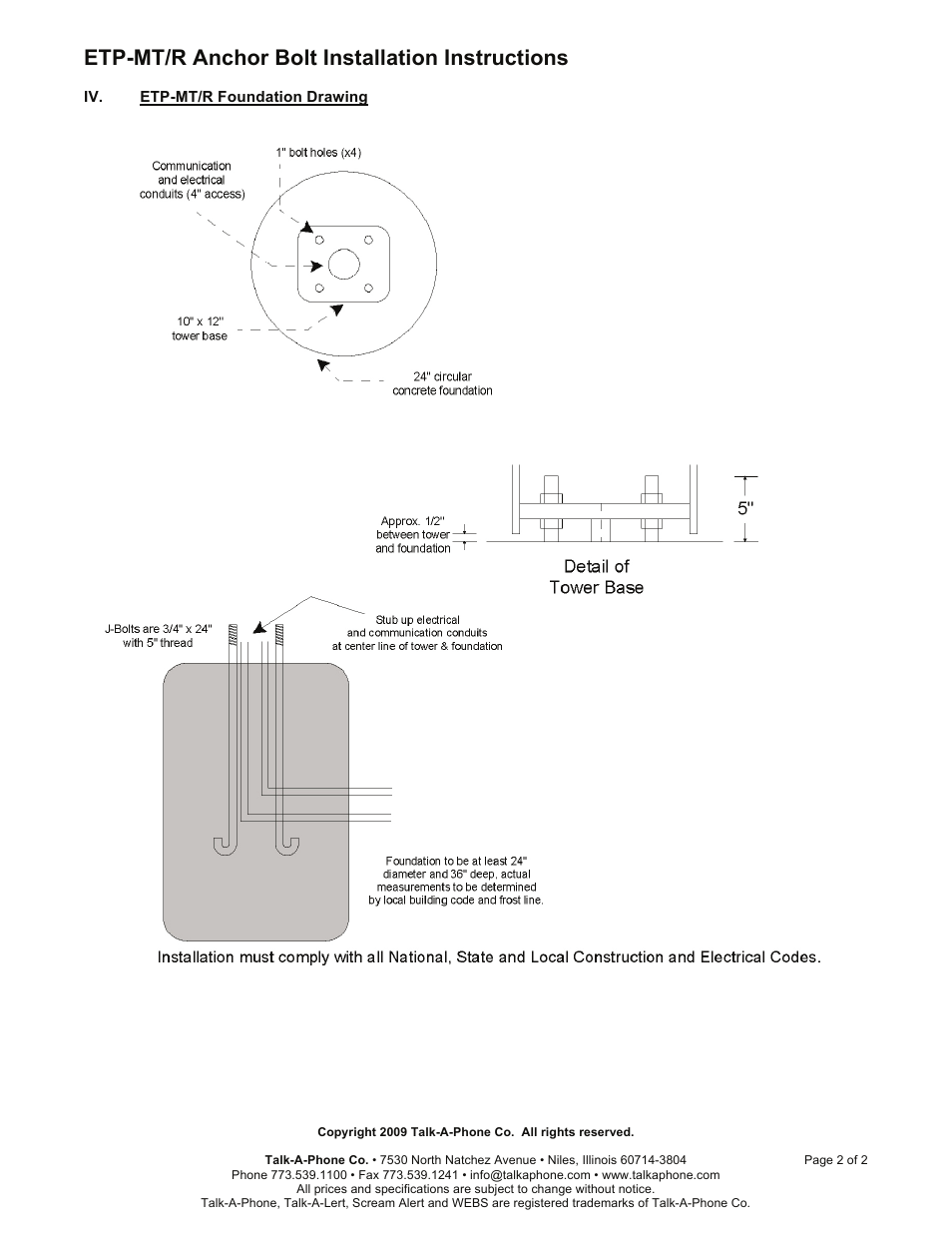 Etp-mt/r anchor bolt installation instructions | Talkaphone ETP-MT/R OP4D Radius Emergency Phone Tower with Dual CCTV Arm User Manual | Page 2 / 2