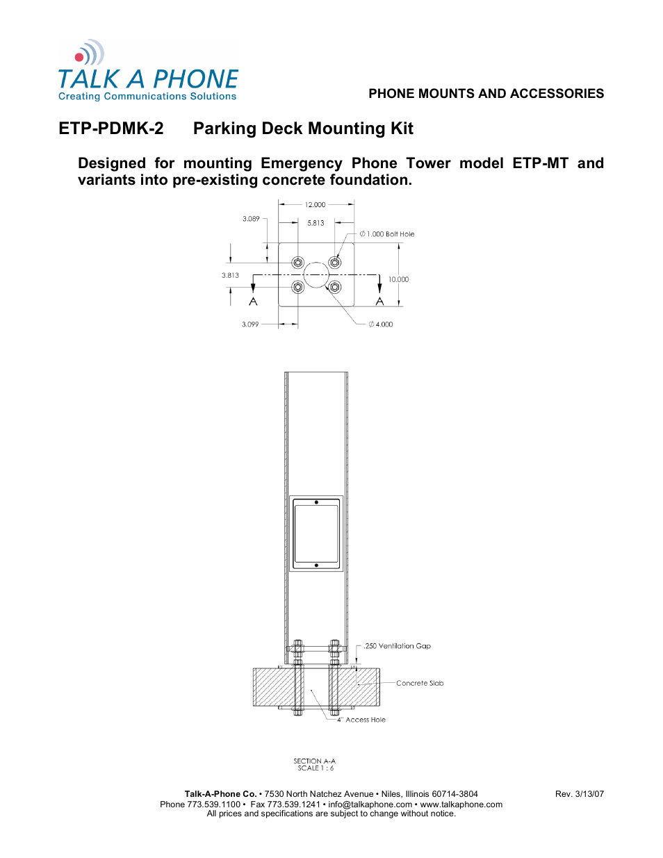 Talkaphone ETP-PDMK-2 Parking Deck Mounting Kit User Manual | 1 page