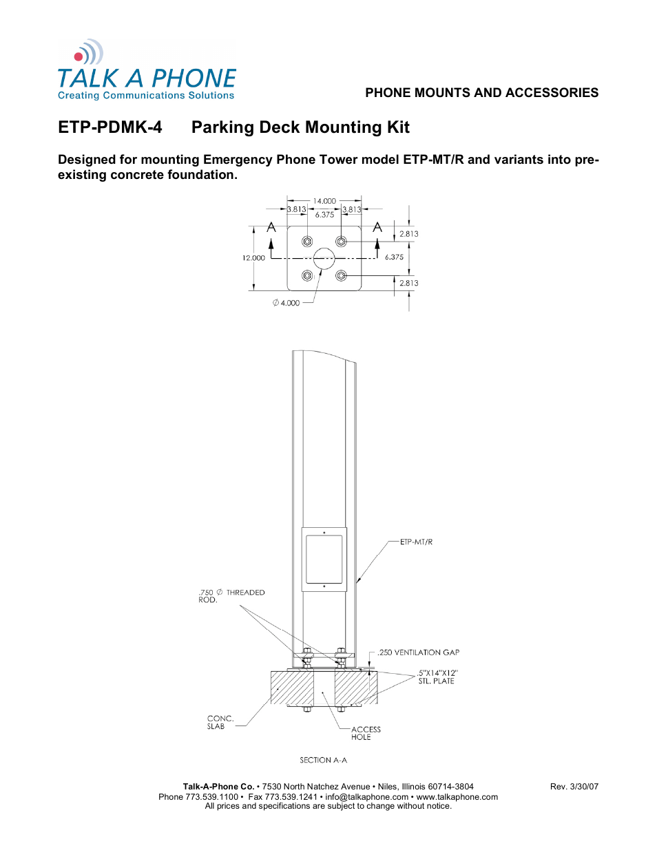 Talkaphone ETP-PDMK-4 Parking Deck Mounting Kit User Manual | 1 page