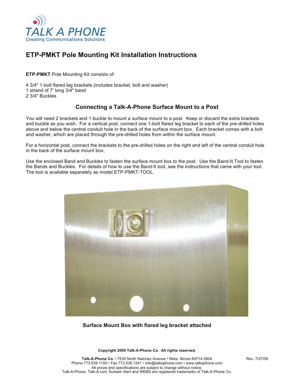 Talkaphone ETP-PMKT Pole Mounting Kit User Manual | 2 pages