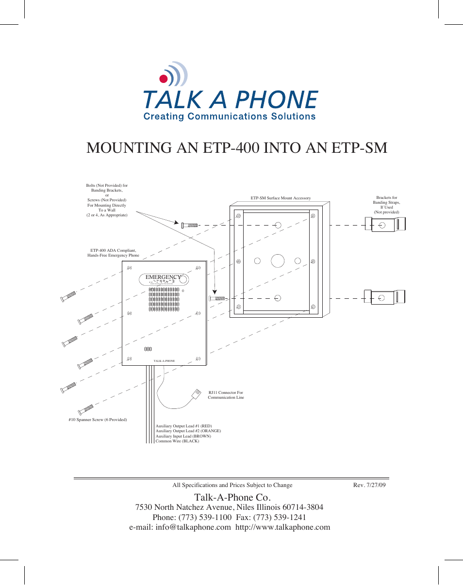 Talkaphone ETP-SMH Hooded Surface Mount Accessory User Manual | 2 pages