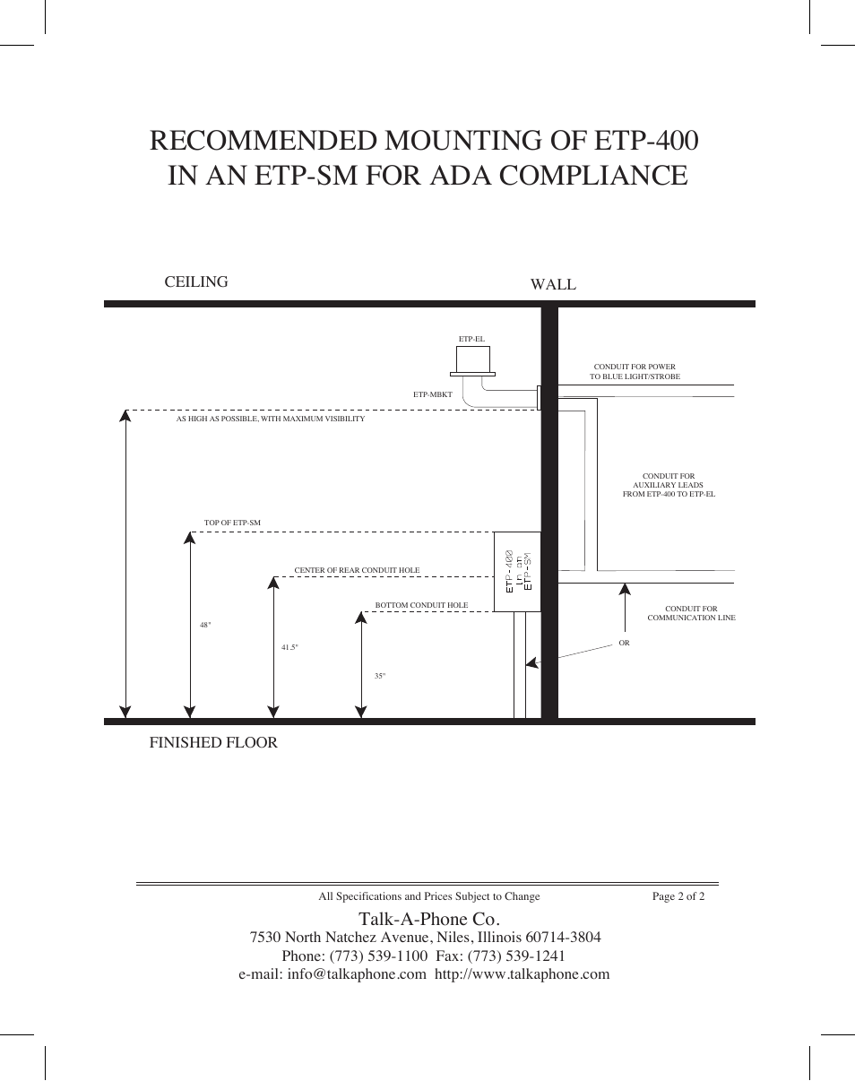 Talk-a-phone co, Wall finished floor ceiling | Talkaphone ETP-SMH Hooded Surface Mount Accessory User Manual | Page 2 / 2