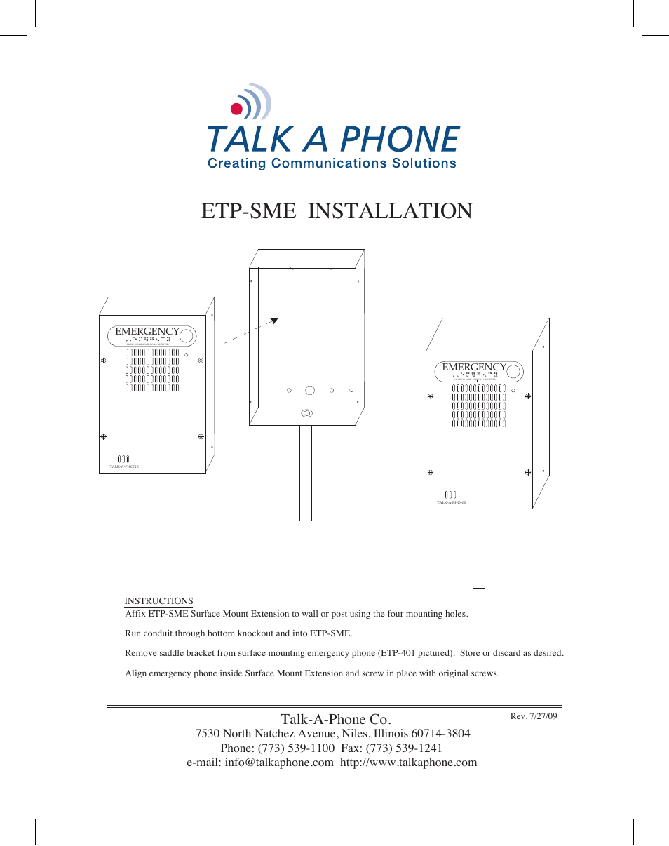 Talkaphone ETP-SME Surface Mount Extension User Manual | 1 page