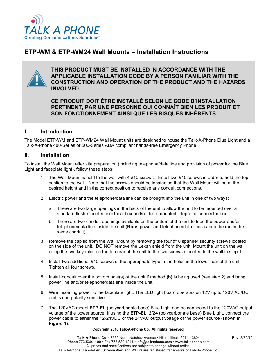 Talkaphone ETP-WM Emergency Communication Wall Mount Station User Manual | 3 pages