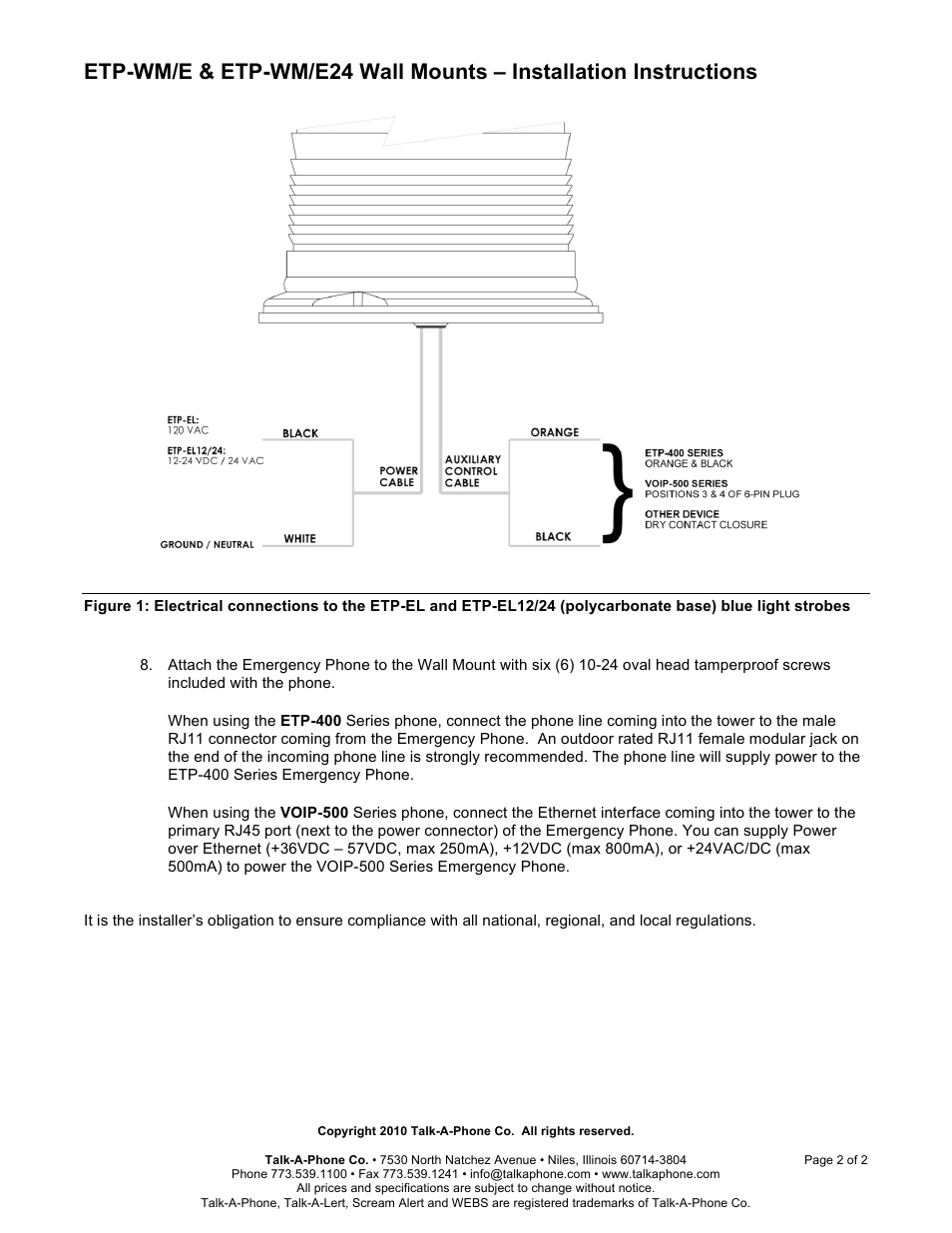 Talkaphone ETP-WM/E Economy Wall Mount Emergency Phone Station User Manual | Page 2 / 2