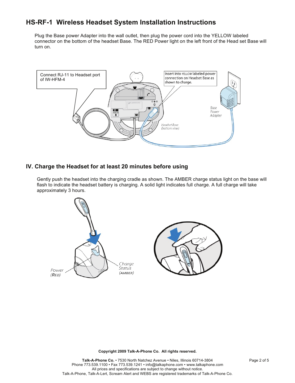 Talkaphone HS-RF-1 Wireless Headset User Manual | Page 2 / 5