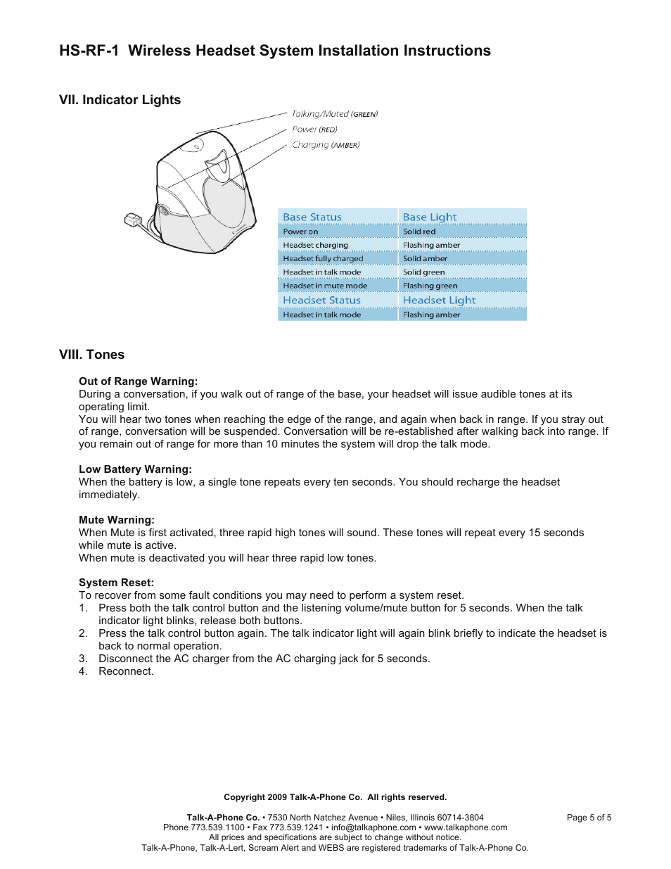 Vii. indicator lights, Viii. tones | Talkaphone HS-RF-1 Wireless Headset User Manual | Page 5 / 5