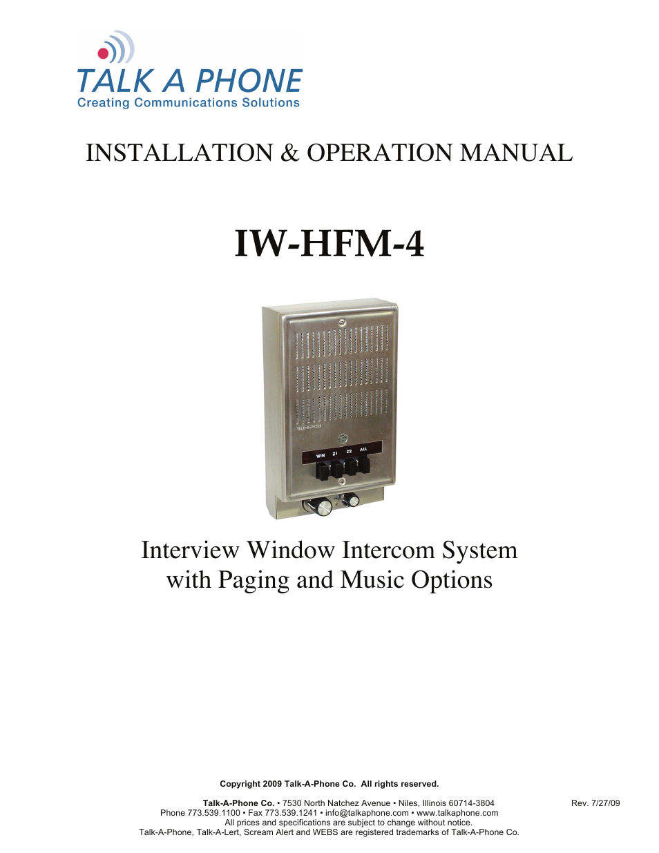 Talkaphone IW-HFM-4 Interview Window 4-Button Master User Manual | 13 pages