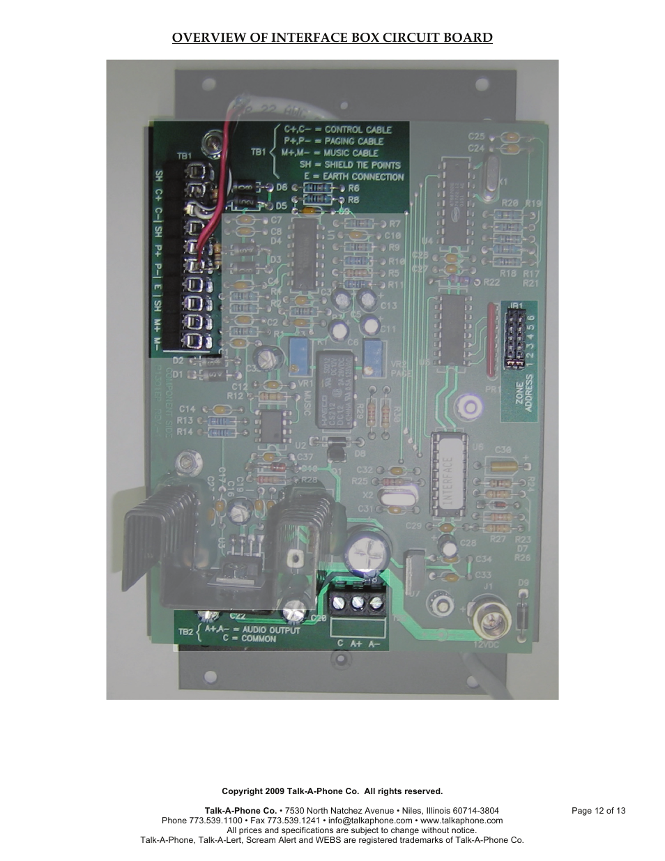 Overview of interface box circuit board | Talkaphone IW-HFM-4 Interview Window 4-Button Master User Manual | Page 12 / 13