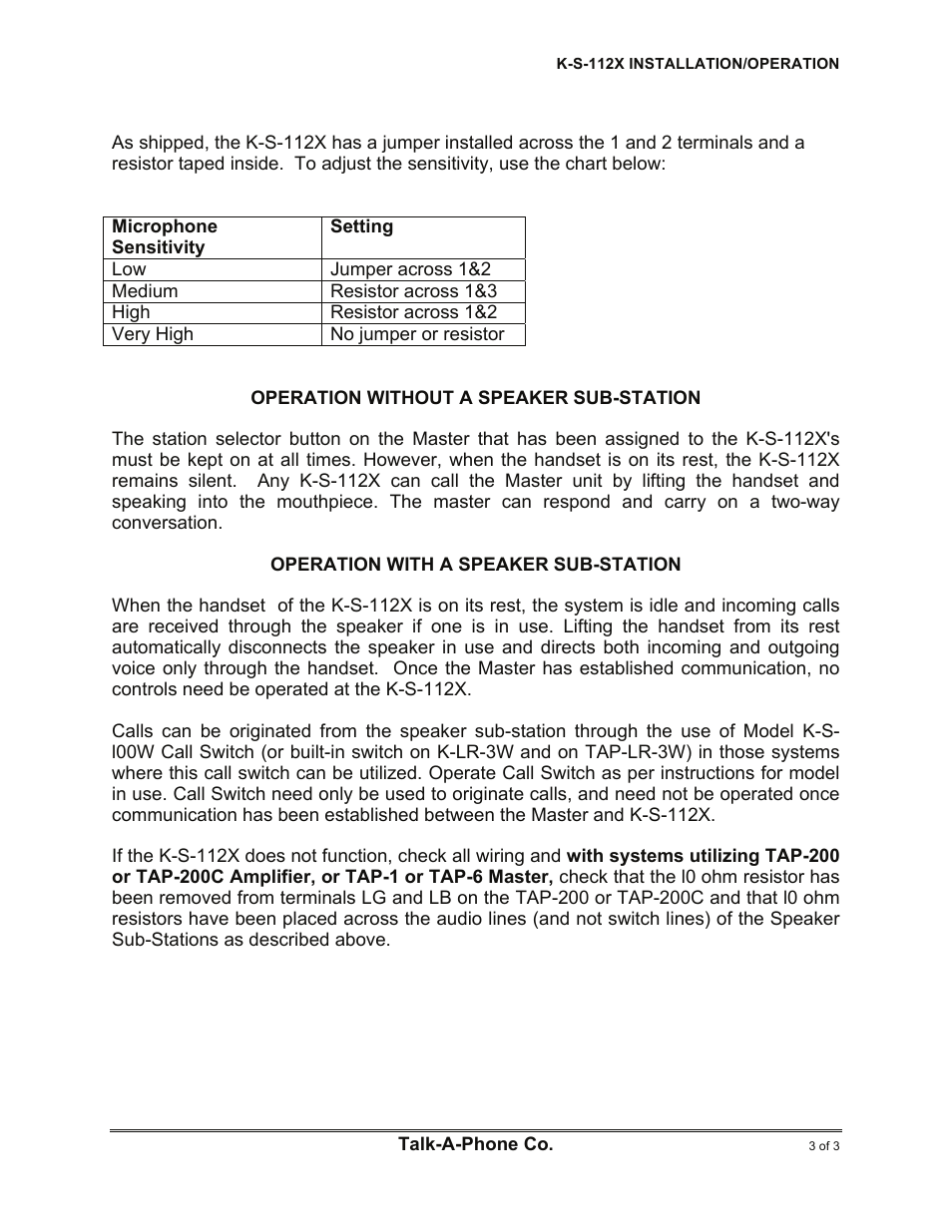 Talkaphone K-S-112X Cradle Phone Sub-Station User Manual | Page 3 / 3