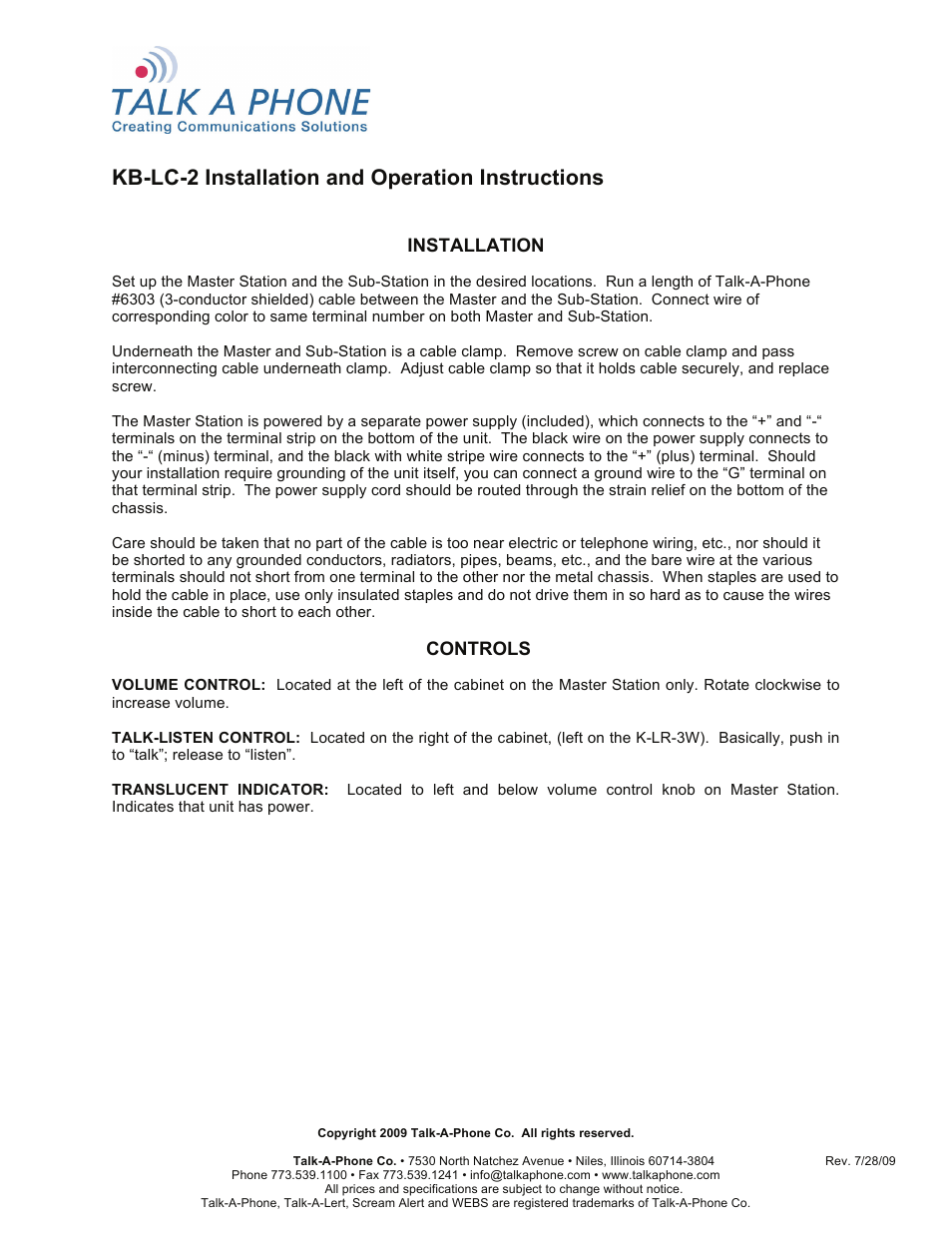 Talkaphone KB-LC-2 Single Channel Master User Manual | 4 pages