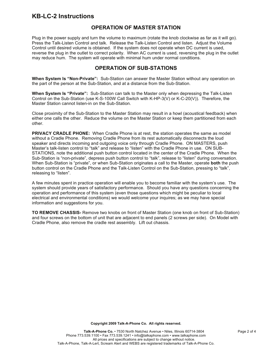 Kb-lc-2 instructions, Operation of master station, Operation of sub-stations | Talkaphone KB-LC-2 Single Channel Master User Manual | Page 2 / 4
