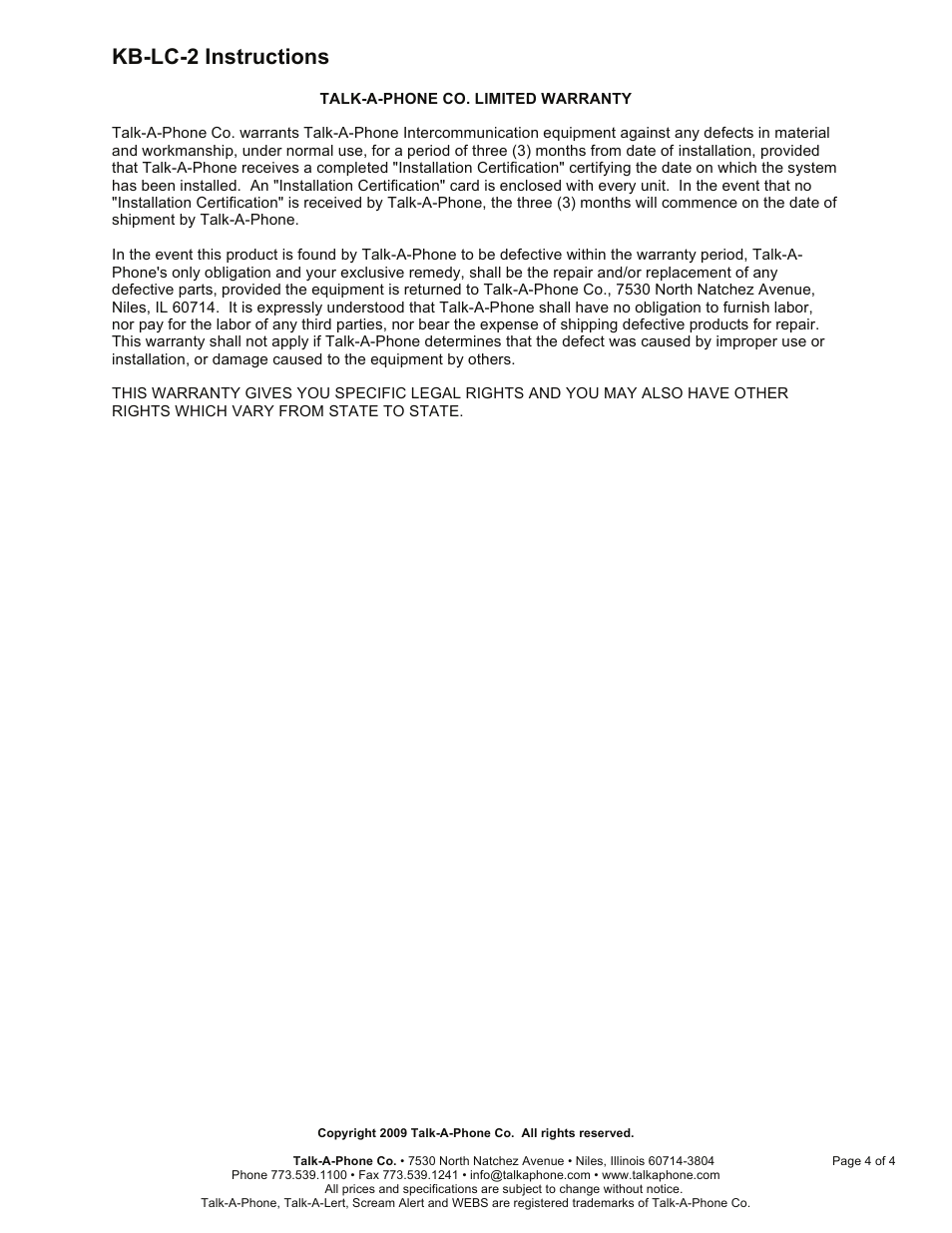 Kb-lc-2 instructions | Talkaphone KB-LC-2 Single Channel Master User Manual | Page 4 / 4