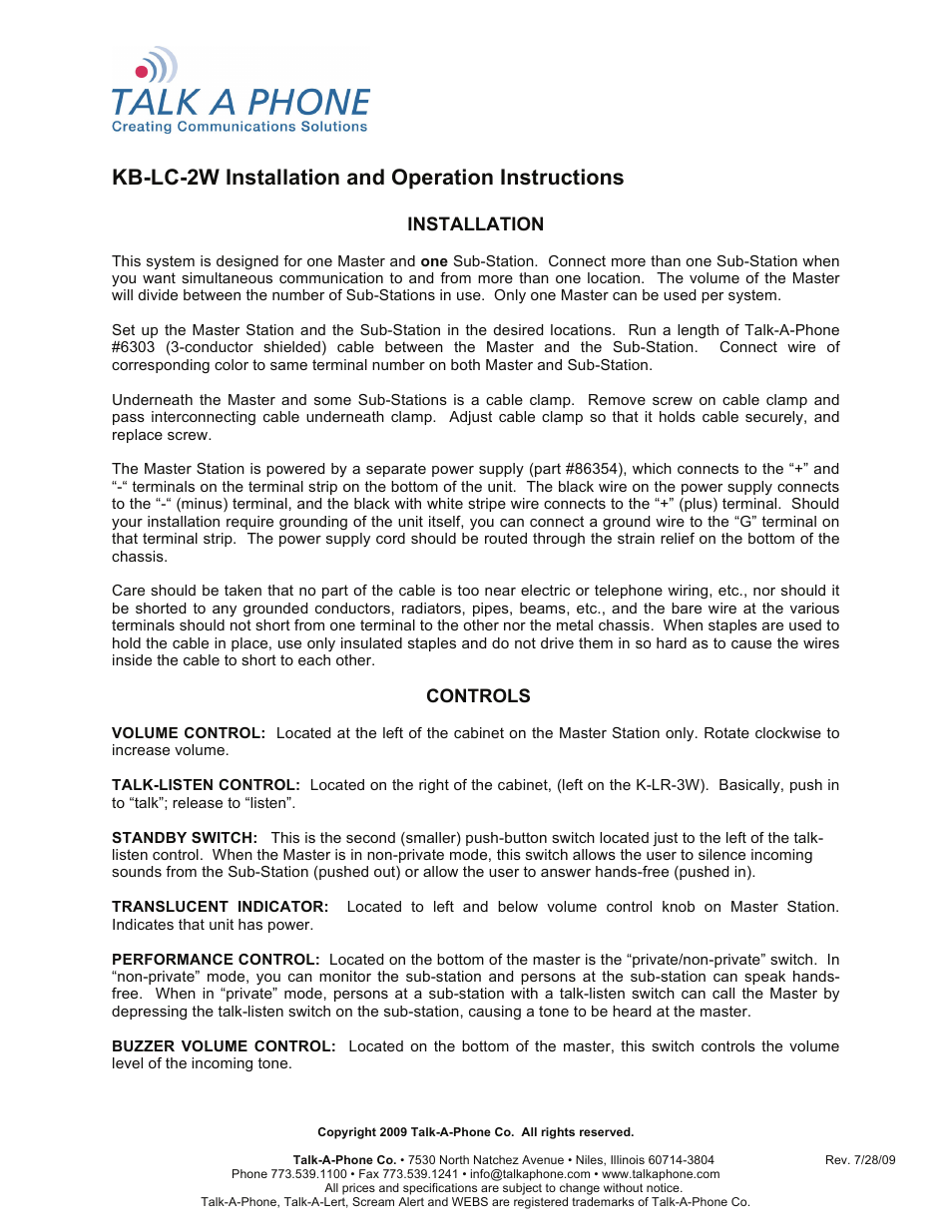 Talkaphone KB-LC-2W Single Channel Master with Annunciator User Manual | 4 pages