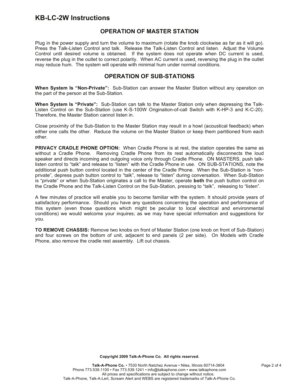 Kb-lc-2w instructions, Operation of master station, Operation of sub-stations | Talkaphone KB-LC-2W Single Channel Master with Annunciator User Manual | Page 2 / 4