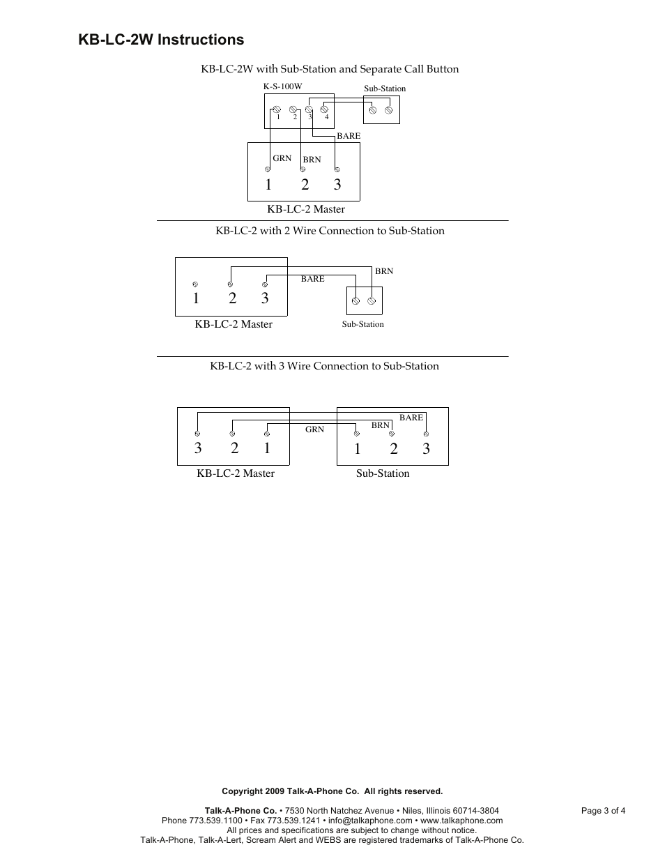 Kb-lc-2w instructions | Talkaphone KB-LC-2W Single Channel Master with Annunciator User Manual | Page 3 / 4