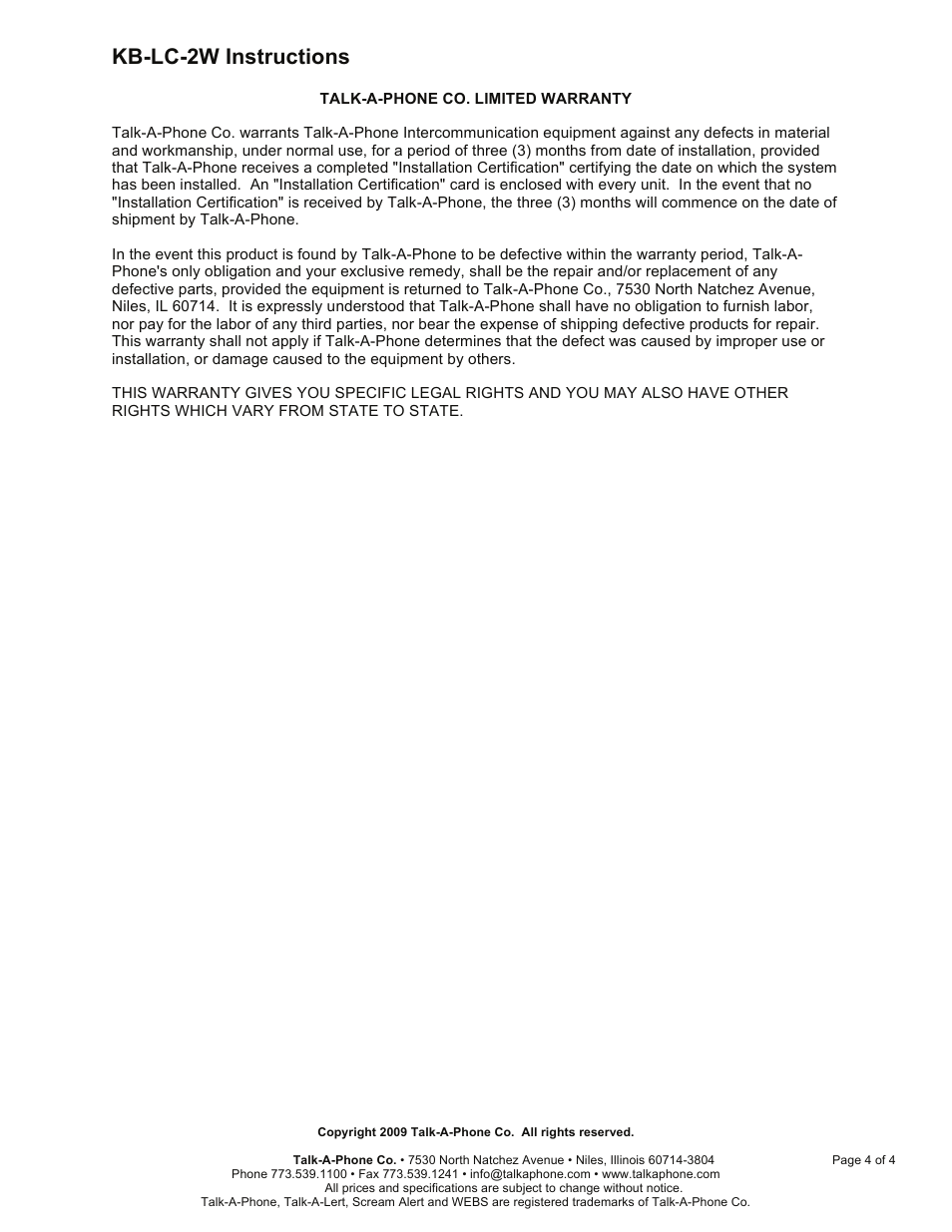 Kb-lc-2w instructions | Talkaphone KB-LC-2W Single Channel Master with Annunciator User Manual | Page 4 / 4