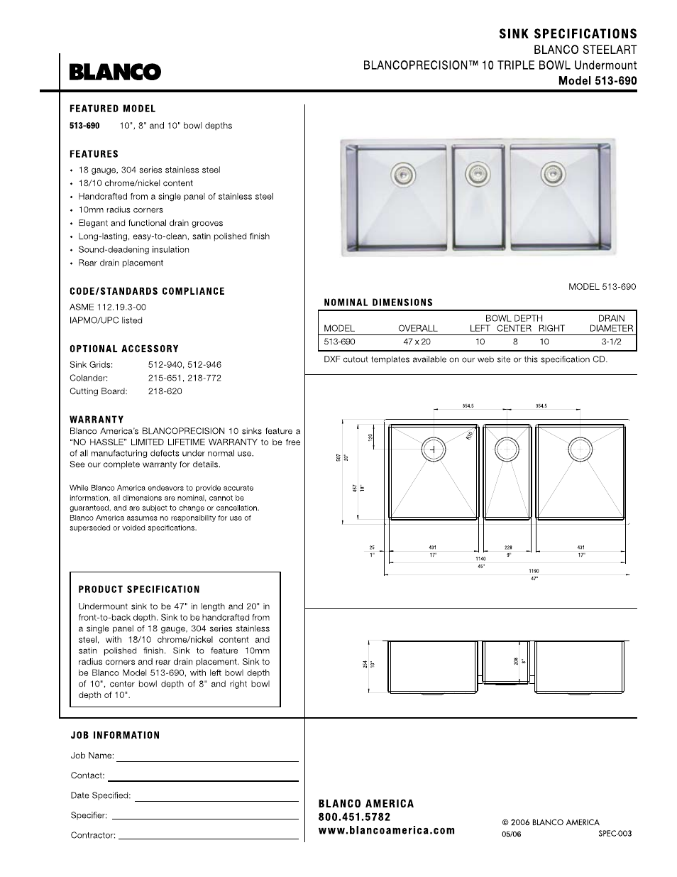 Blanco 10 Triple Bowl Undermount 513-690 User Manual | 1 page