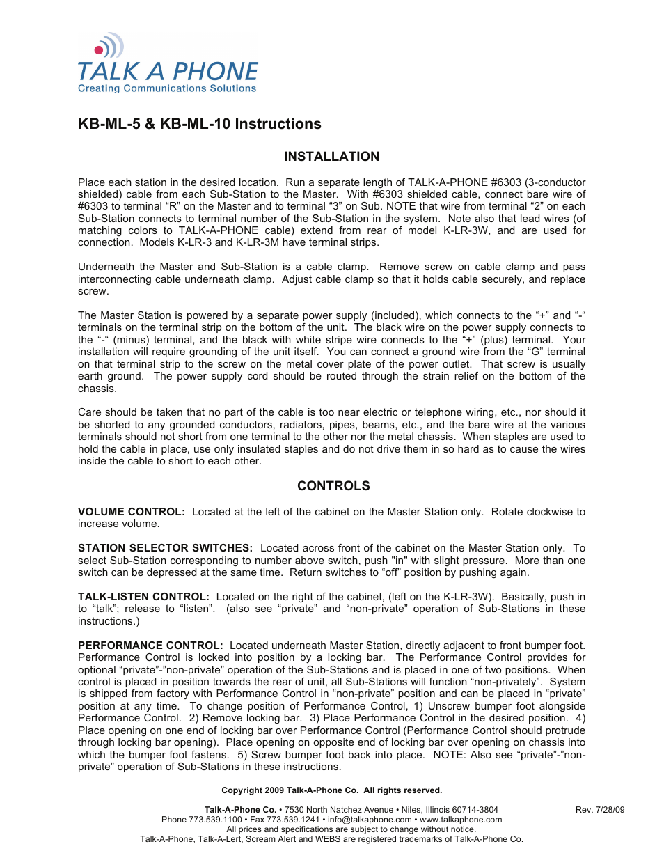 Talkaphone KB-ML-5 Five Channel Master User Manual | 5 pages