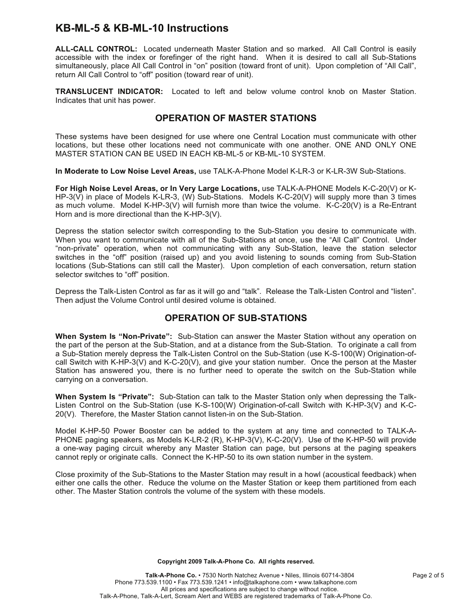 Kb-ml-5 & kb-ml-10 instructions, Operation of master stations, Operation of sub-stations | Talkaphone KB-ML-5 Five Channel Master User Manual | Page 2 / 5