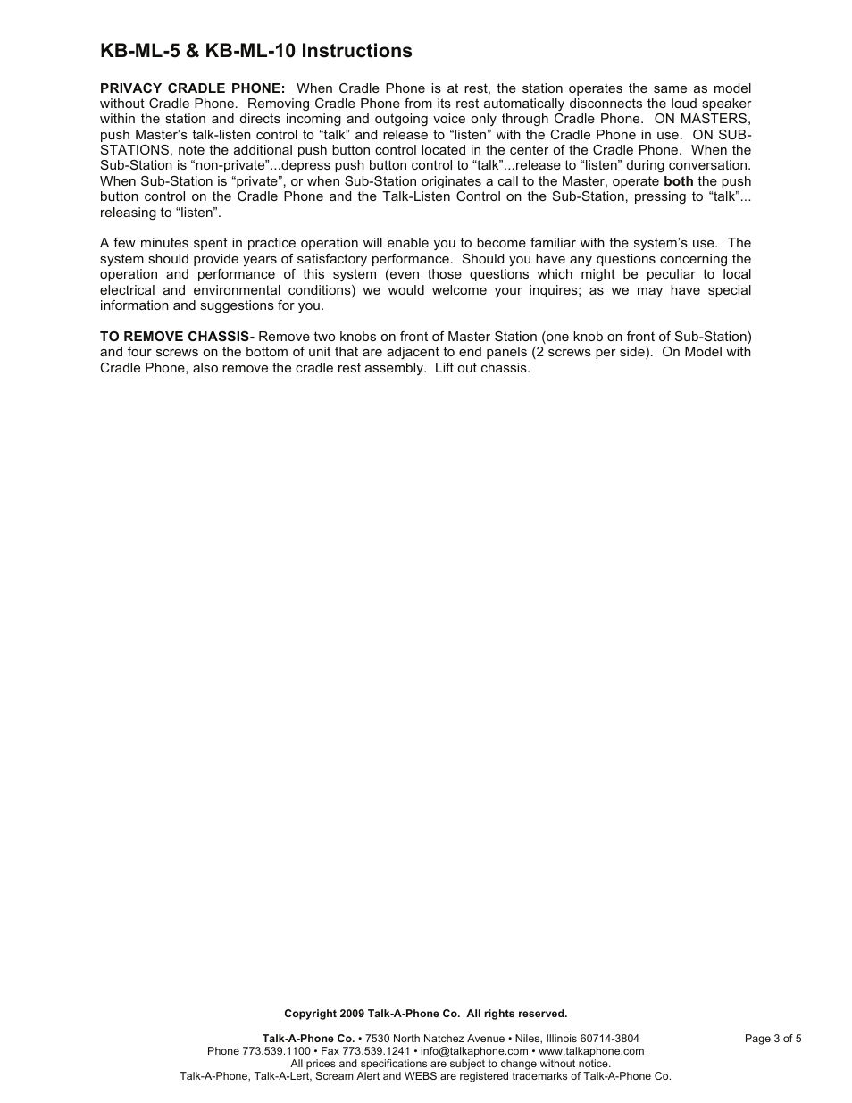 Kb-ml-5 & kb-ml-10 instructions | Talkaphone KB-ML-5 Five Channel Master User Manual | Page 3 / 5