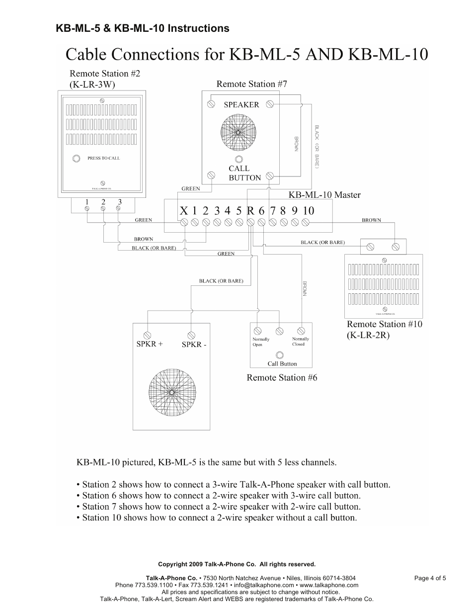 Kb-ml-5 & kb-ml-10 instructions | Talkaphone KB-ML-5 Five Channel Master User Manual | Page 4 / 5