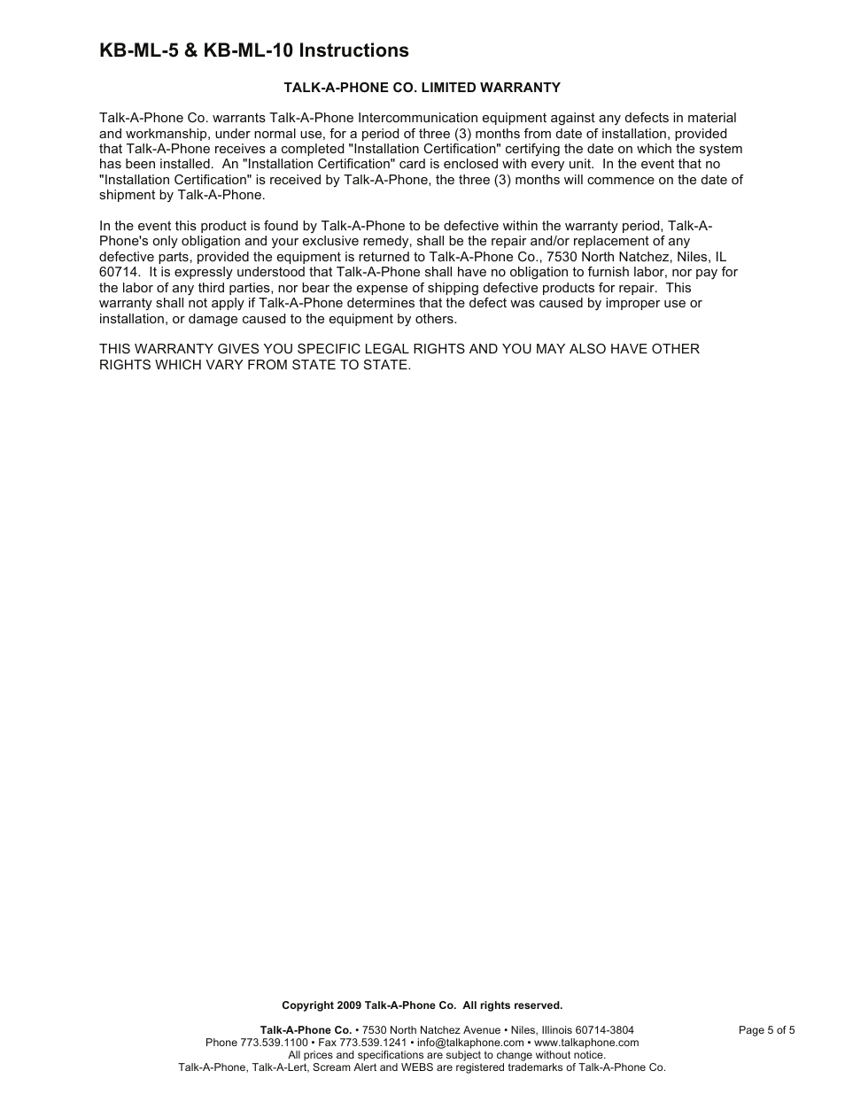 Kb-ml-5 & kb-ml-10 instructions | Talkaphone KB-ML-5 Five Channel Master User Manual | Page 5 / 5
