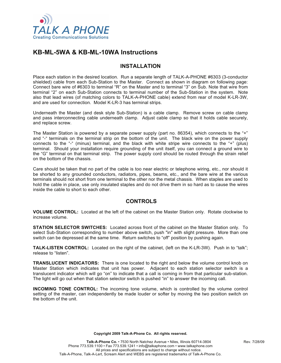 Talkaphone KB-ML-5WA Five Channel Master with Annunciator User Manual | 5 pages