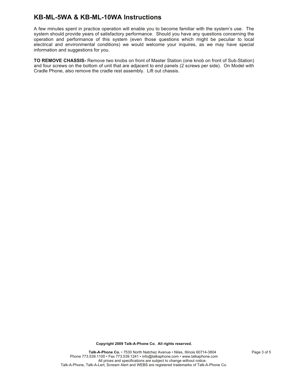 Kb-ml-5wa & kb-ml-10wa instructions | Talkaphone KB-ML-5WA Five Channel Master with Annunciator User Manual | Page 3 / 5