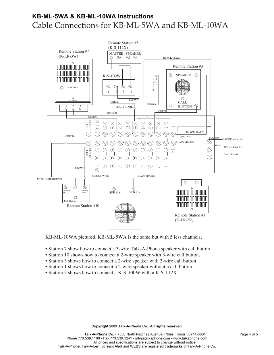 Cable connections for kb-ml-5wa and kb-ml-10wa, Kb-ml-5wa & kb-ml-10wa instructions, Remote station #1 (k-lr-2r) | Remote station #3, Remote station #10, K-s-100w | Talkaphone KB-ML-5WA Five Channel Master with Annunciator User Manual | Page 4 / 5